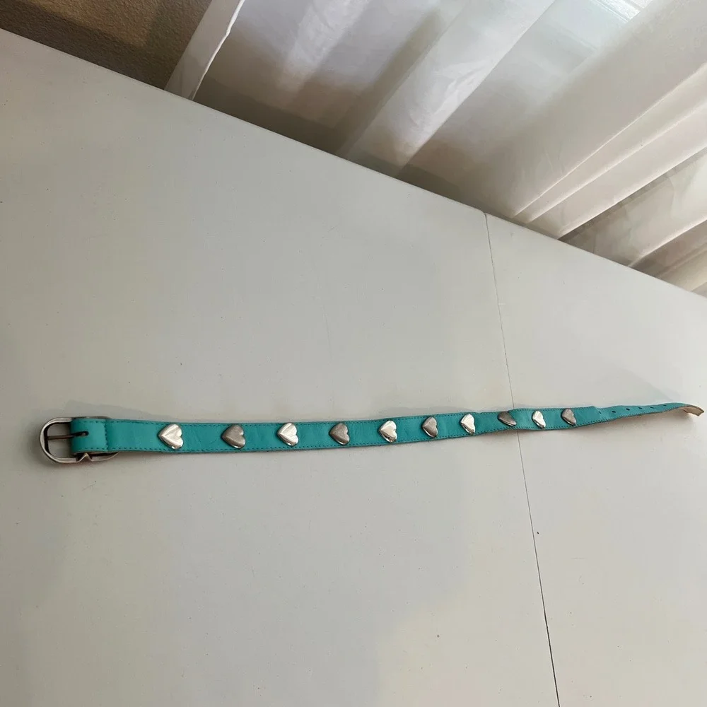 Vintage‎ Y2K Aqua Blue Faux Leather Heart Studded Belt Silver Buckle Turquoise
